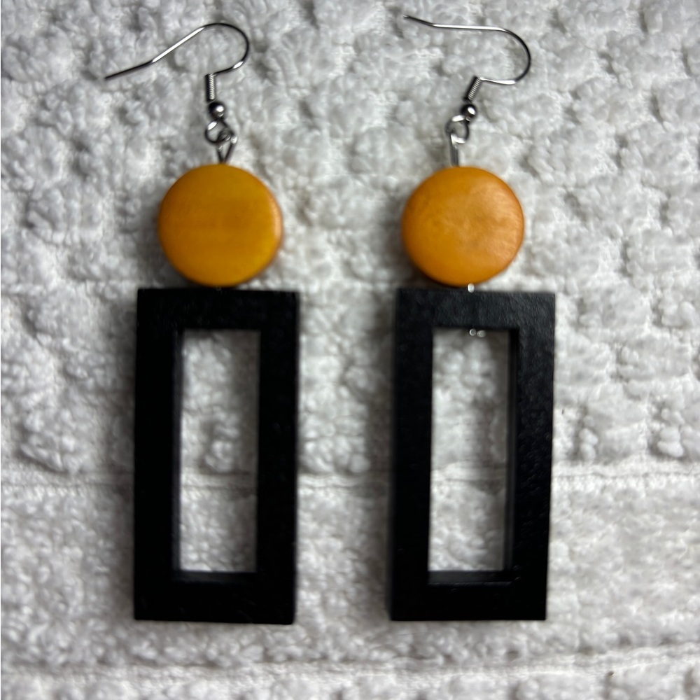 Retro style black and yellow wooden earrings